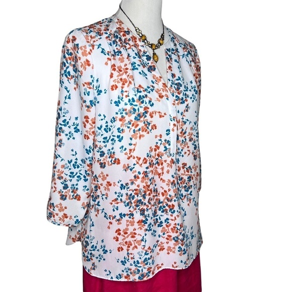 NYDJ White Peach Floral Print V Neck 3/4 Sleeve Pintuck Blouse Size Large P NWOT - Picture 7 of 14